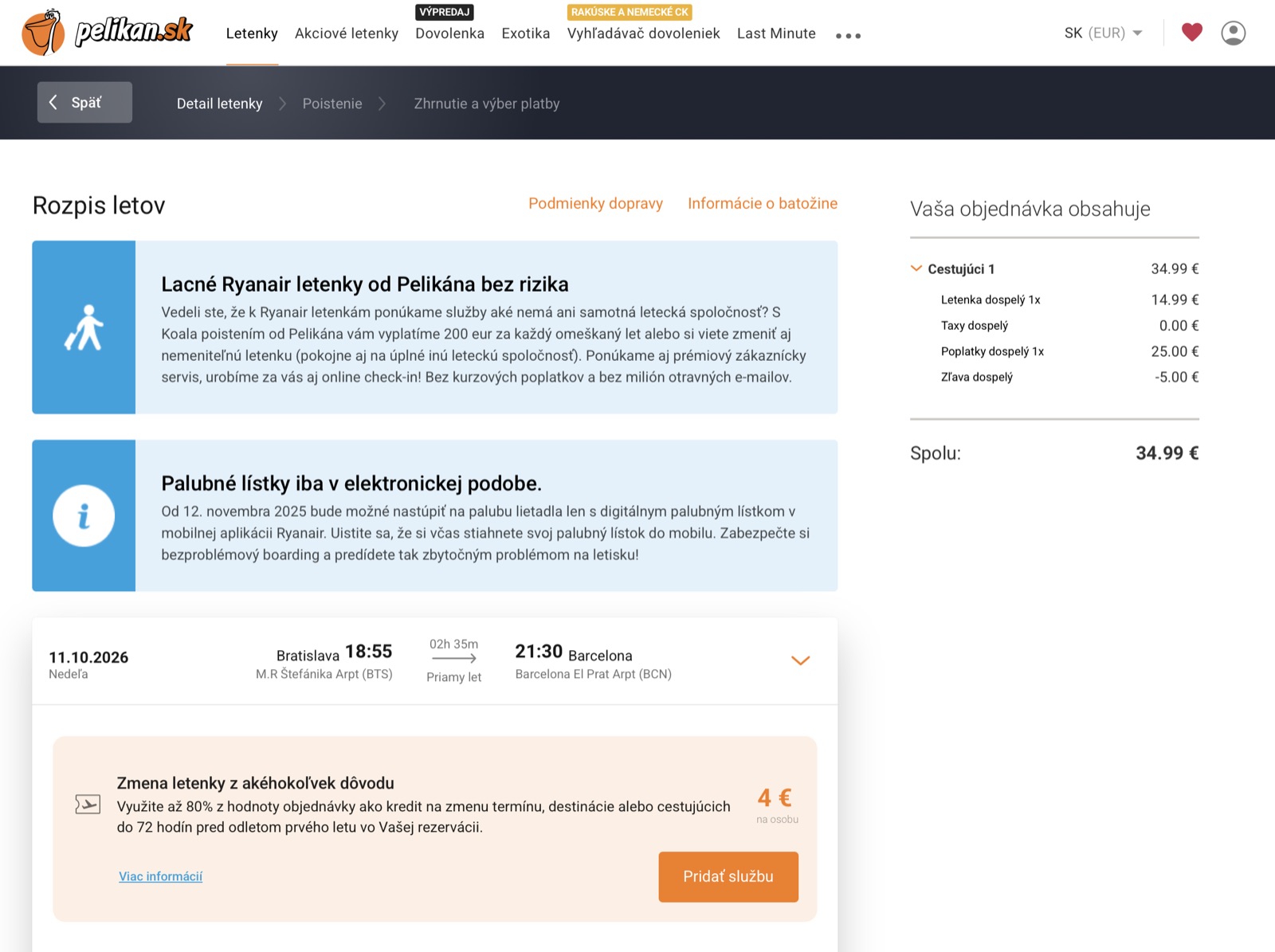 Screenshot objednávky na pelikan.sk: letenka Bratislava - Barcelona za 14,99 €, poplatky 25 €, zľava -5 €, spolu 34,99 €